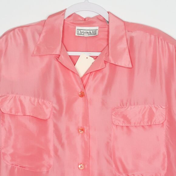 Christie & Jill Silk Button Up Shirt Size Large Pink Vintage Career 90s Barbie - Picture 10 of 12